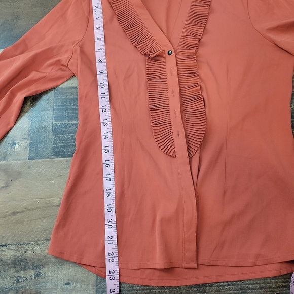 Small Classiques Entier Rust Burnt Orange Ruffle Silk Stretch Blouse *Flawed* - Picture 5 of 7